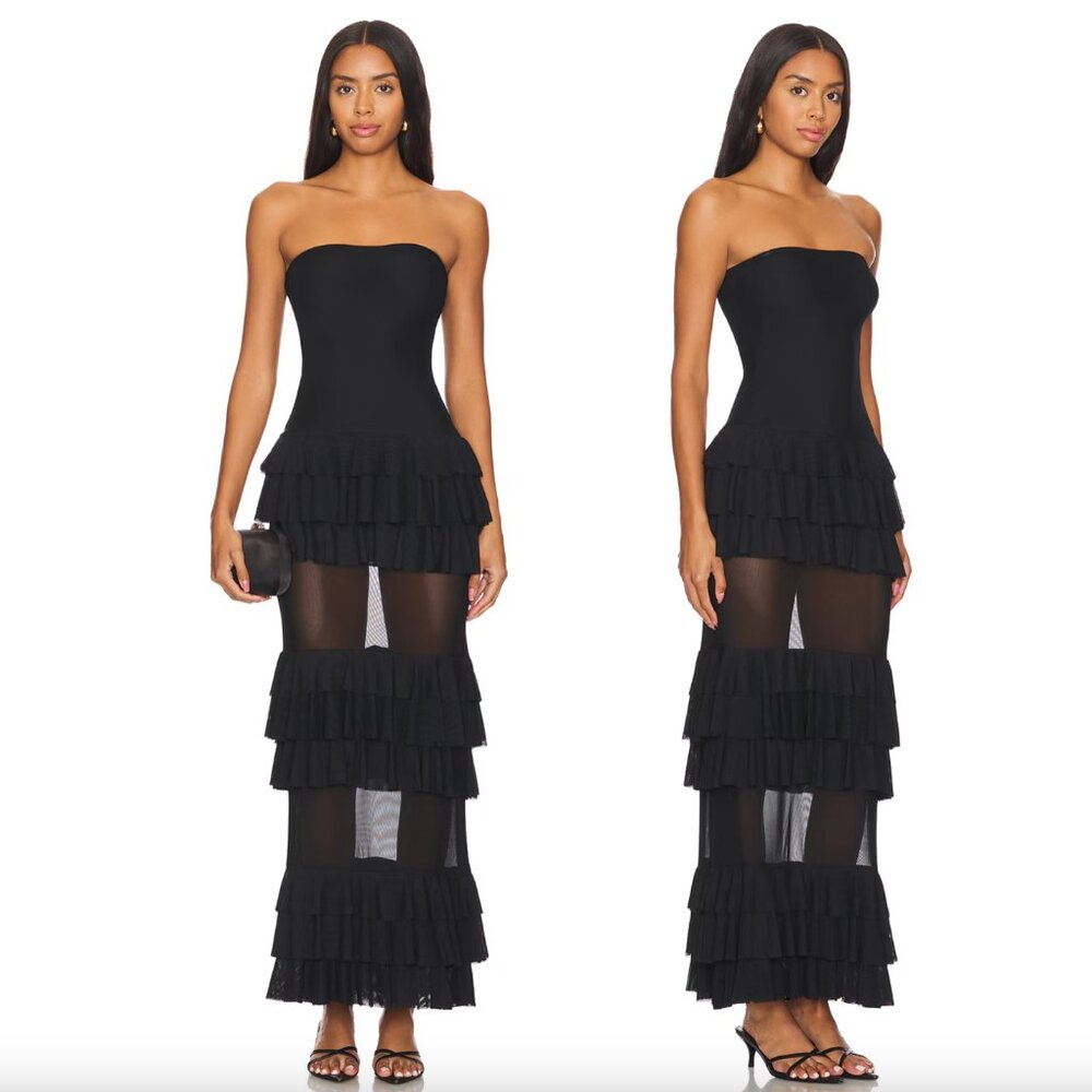 NEW Superdown Lorenza Maxi Dress in Black Strapless Sheer Tiered Large - Picture 2 of 2